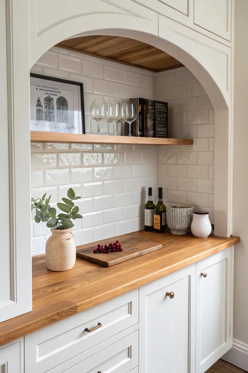 Warm butcher block brings cozy glow to a recessed bar—sealed smooth for spill-proof style.