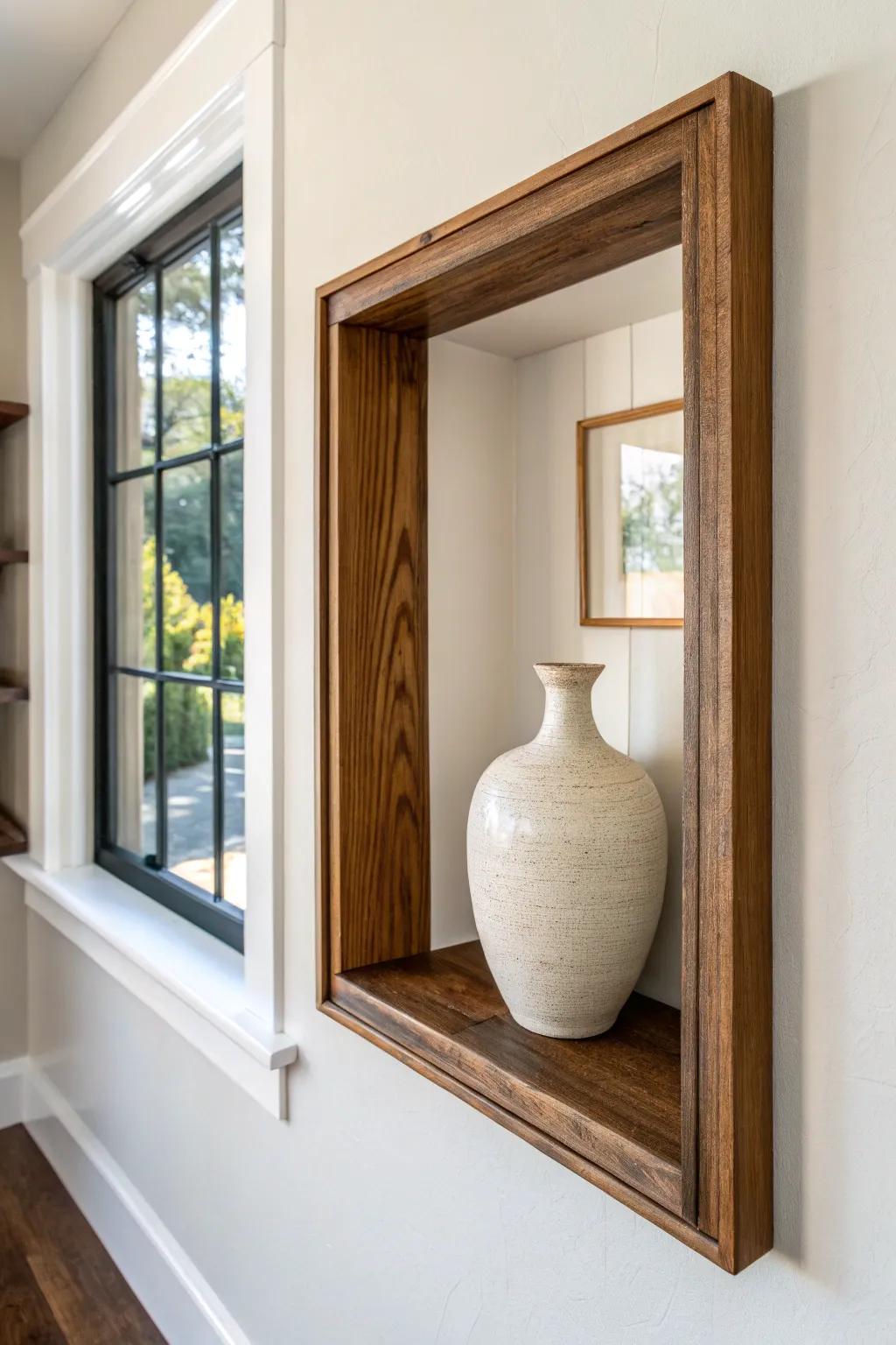 Warm stained wood trim frames a recessed shelf—simple farmhouse charm with Scandinavian calm.
