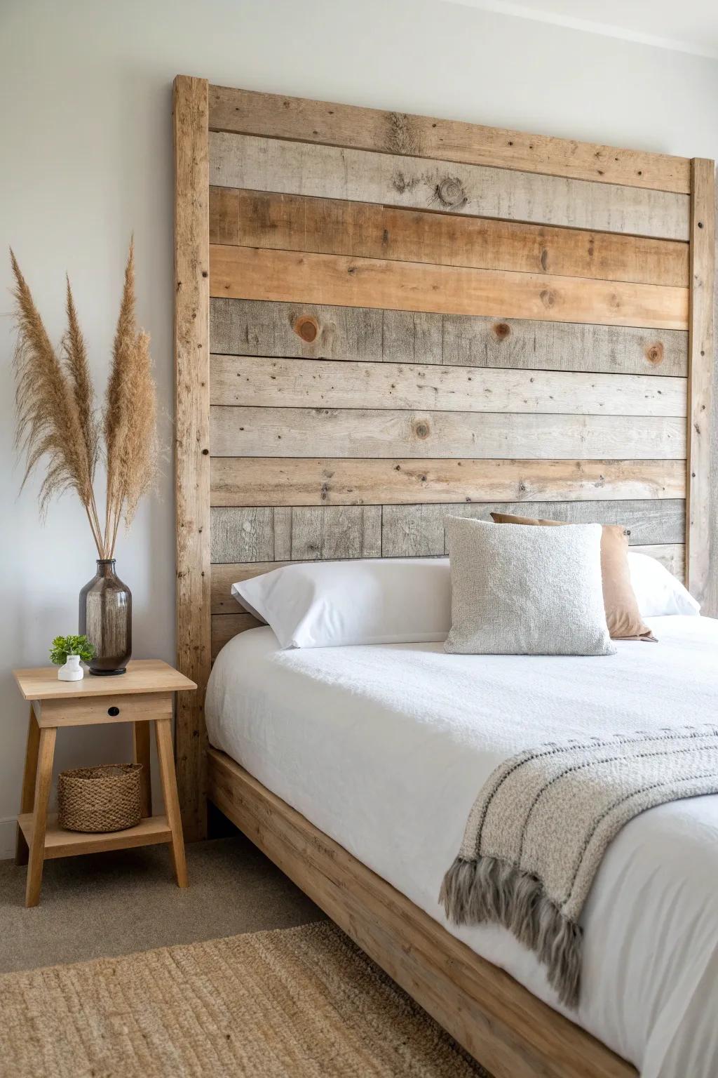 Barn-wood headboard wall: layered reclaimed boards for a cozy cabin feel with clean Scandinavian calm.