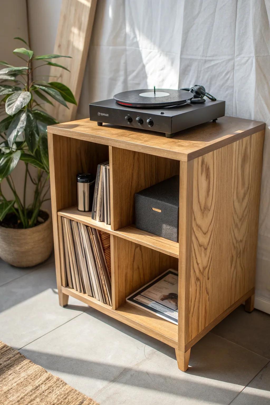 Crate-style record player stand with dividers—keeps LPs upright and looks beautifully handmade.