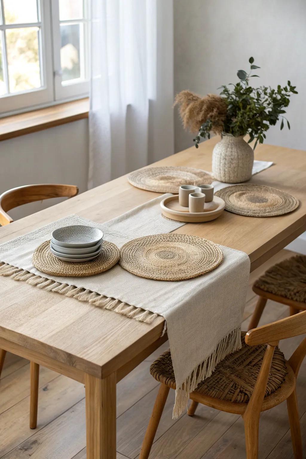 Layer a neutral runner, then textured placemats—warmth and contrast that let the wood shine.