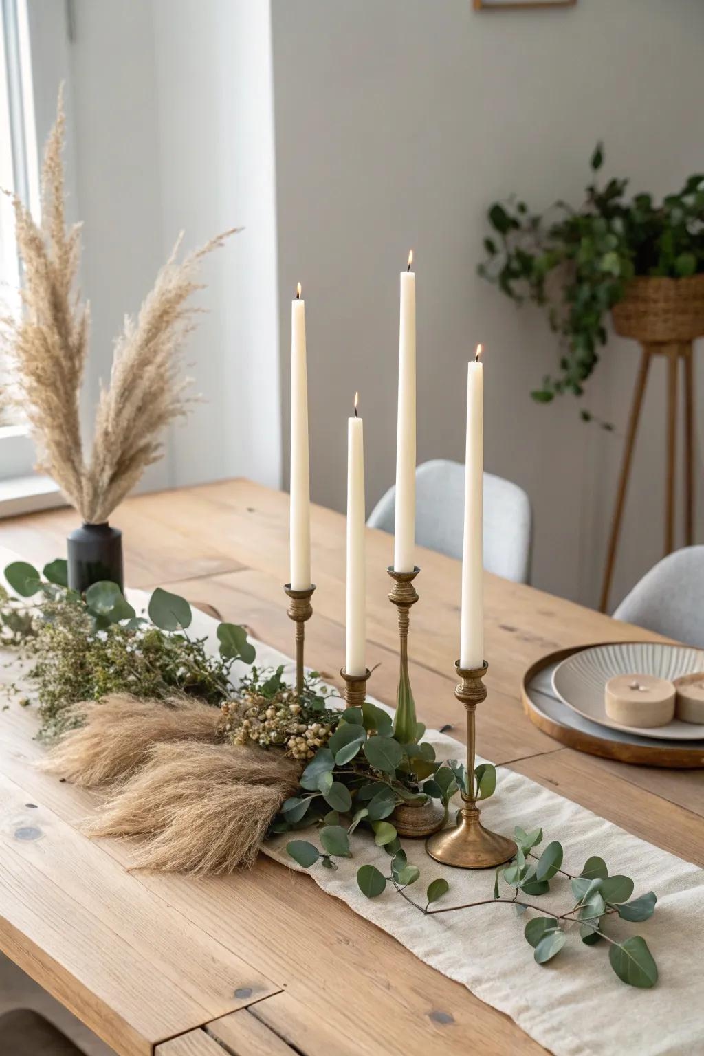 Slim candle stands in staggered heights add drama—without blocking the view across the table.