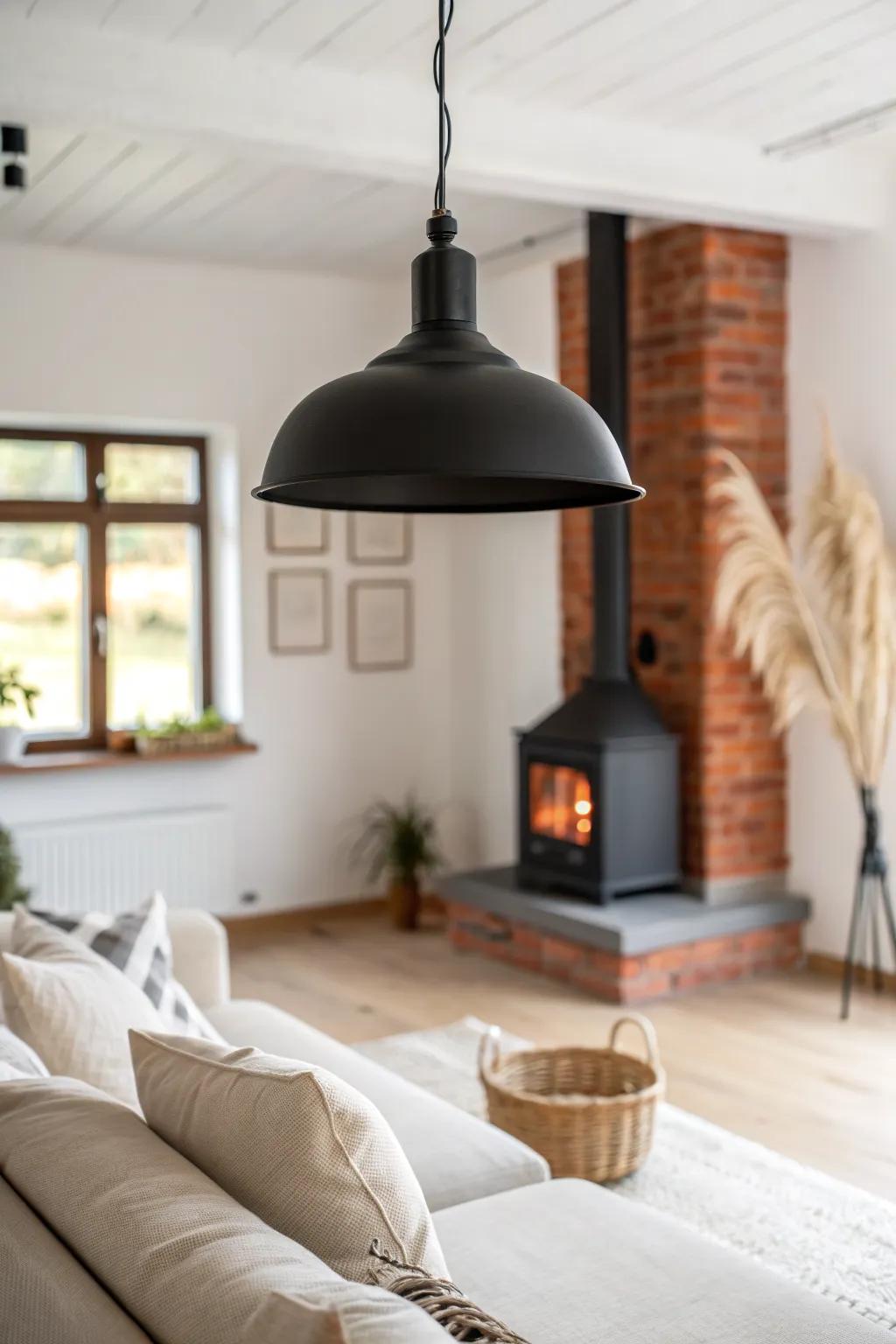 Matte black statement pendant draws the eye up, balancing a warm red brick fireplace.