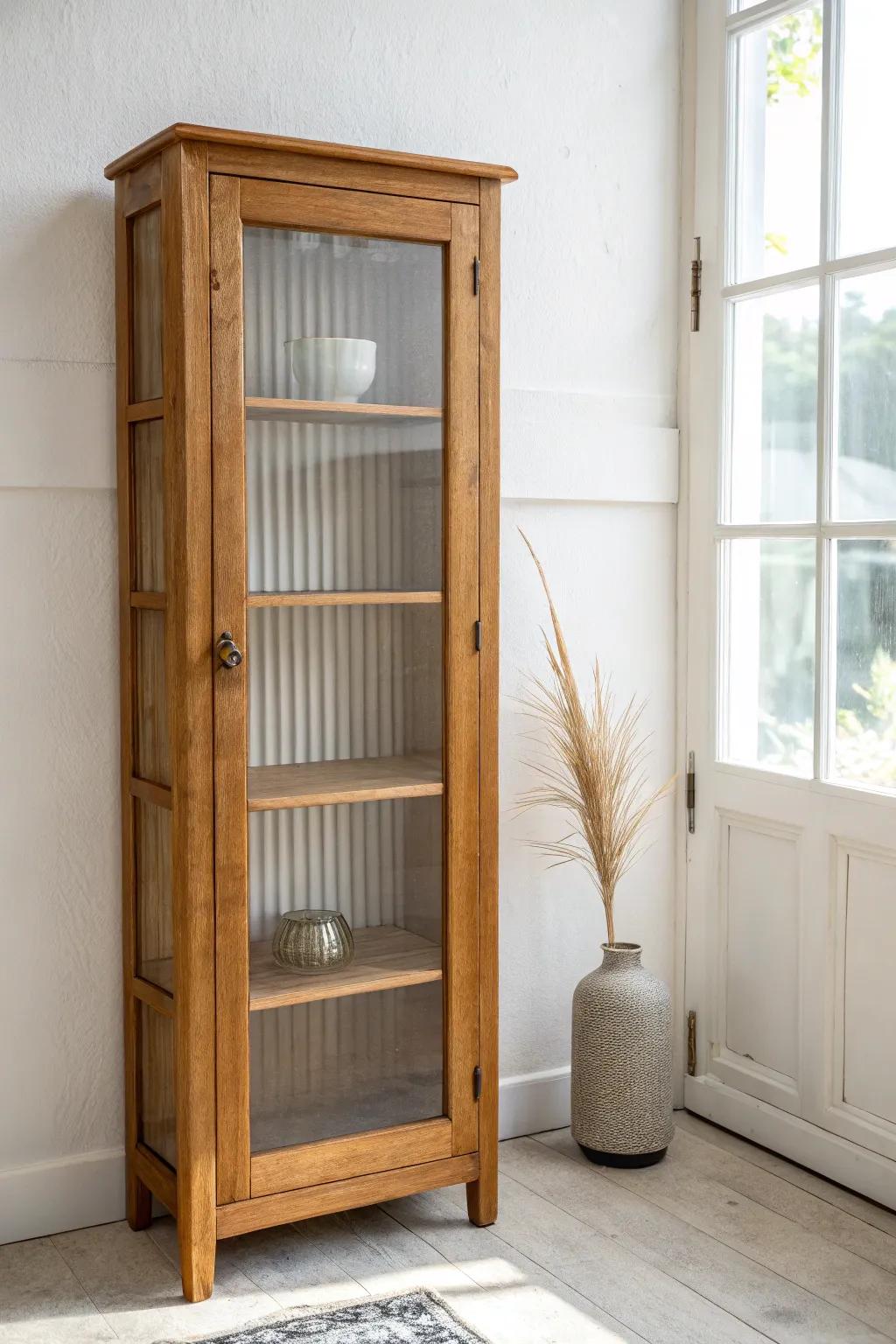 Swap in fluted glass for a softer, modern china cabinet look—pretty privacy with glow.