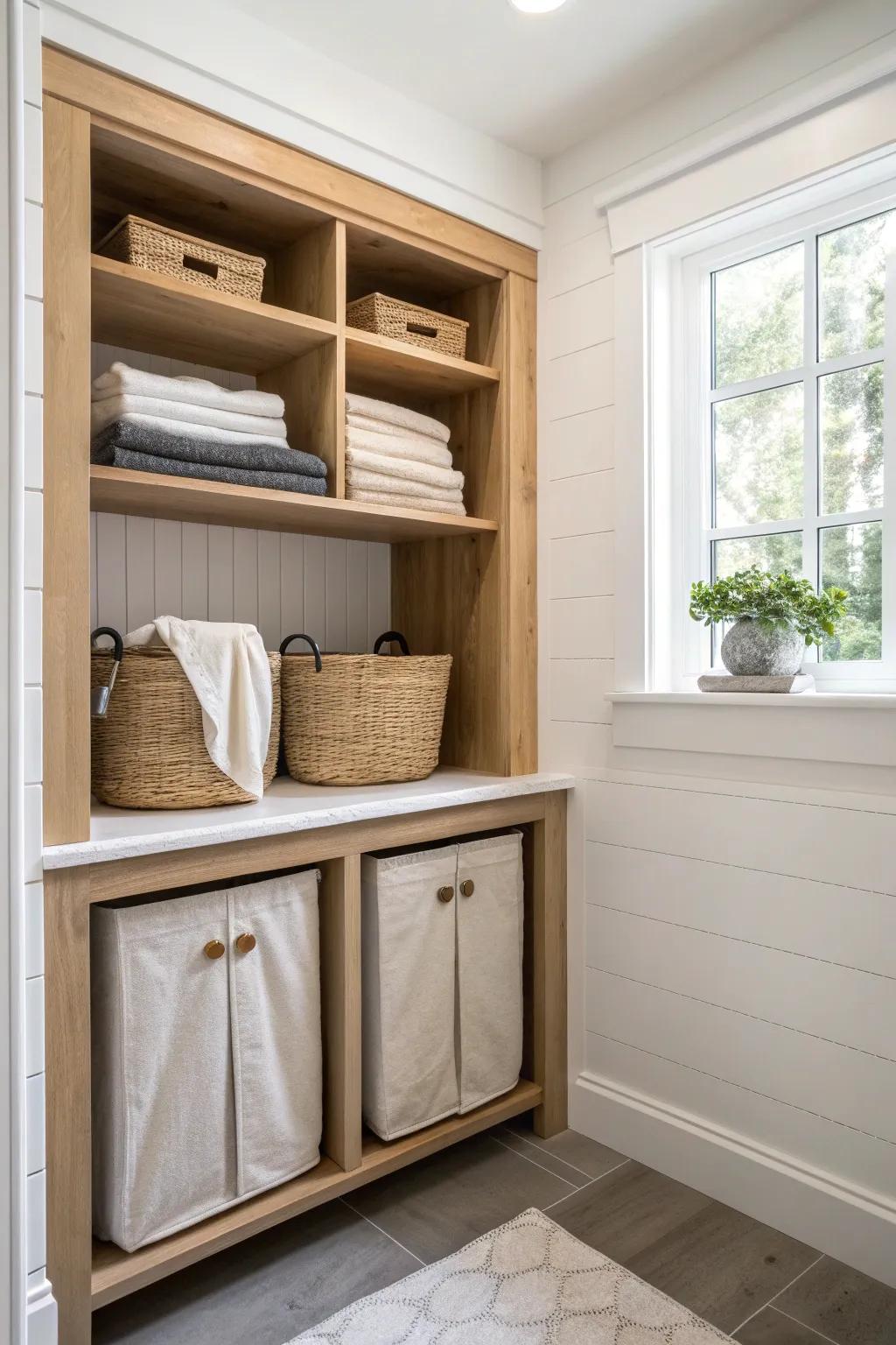 Doorless closet laundry sort station: warm wood shelf with pull-out hampers for hidden tidy.