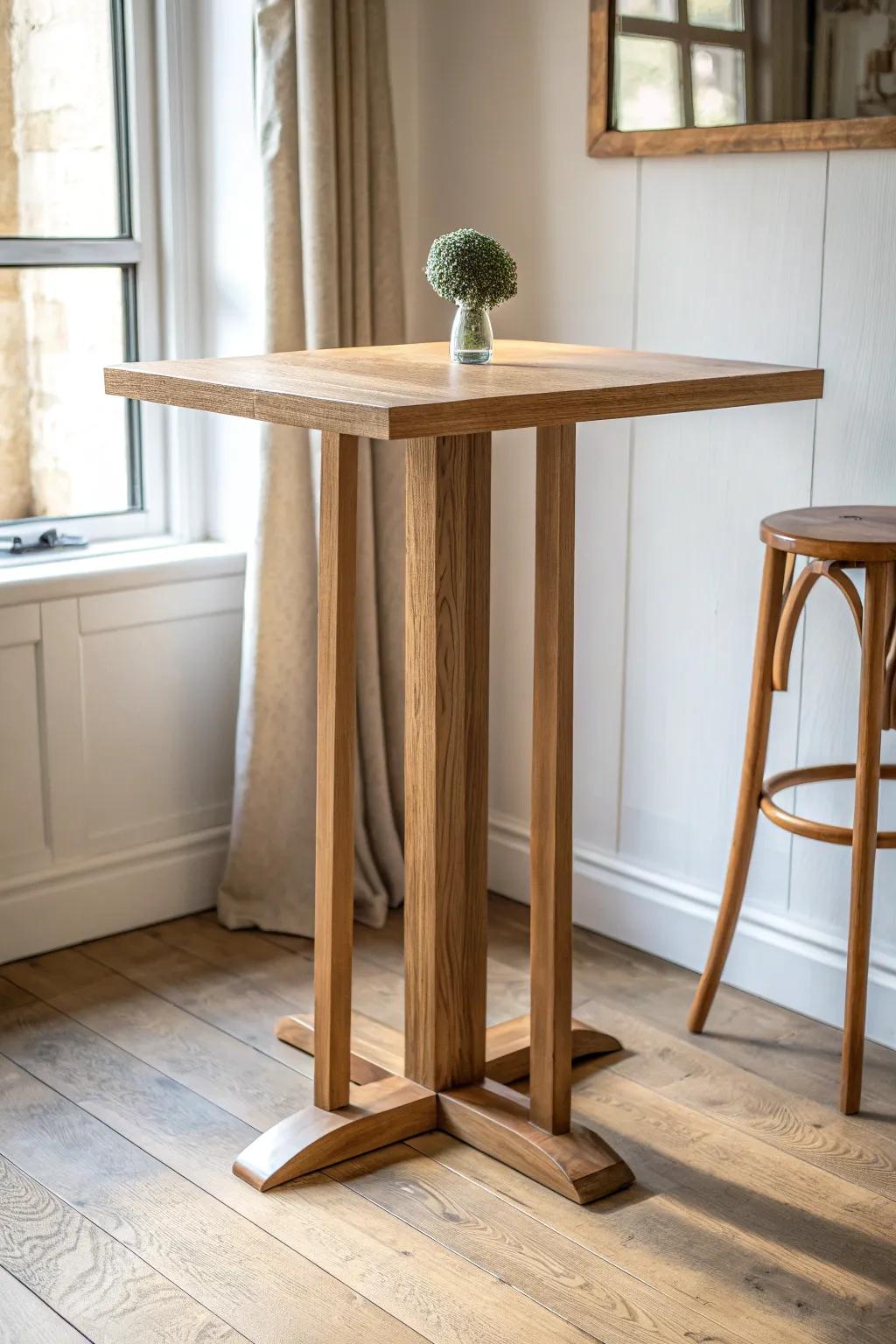 A sturdy bar-height oak high-top table—minimalist lines, warm grain, built to feel solid.
