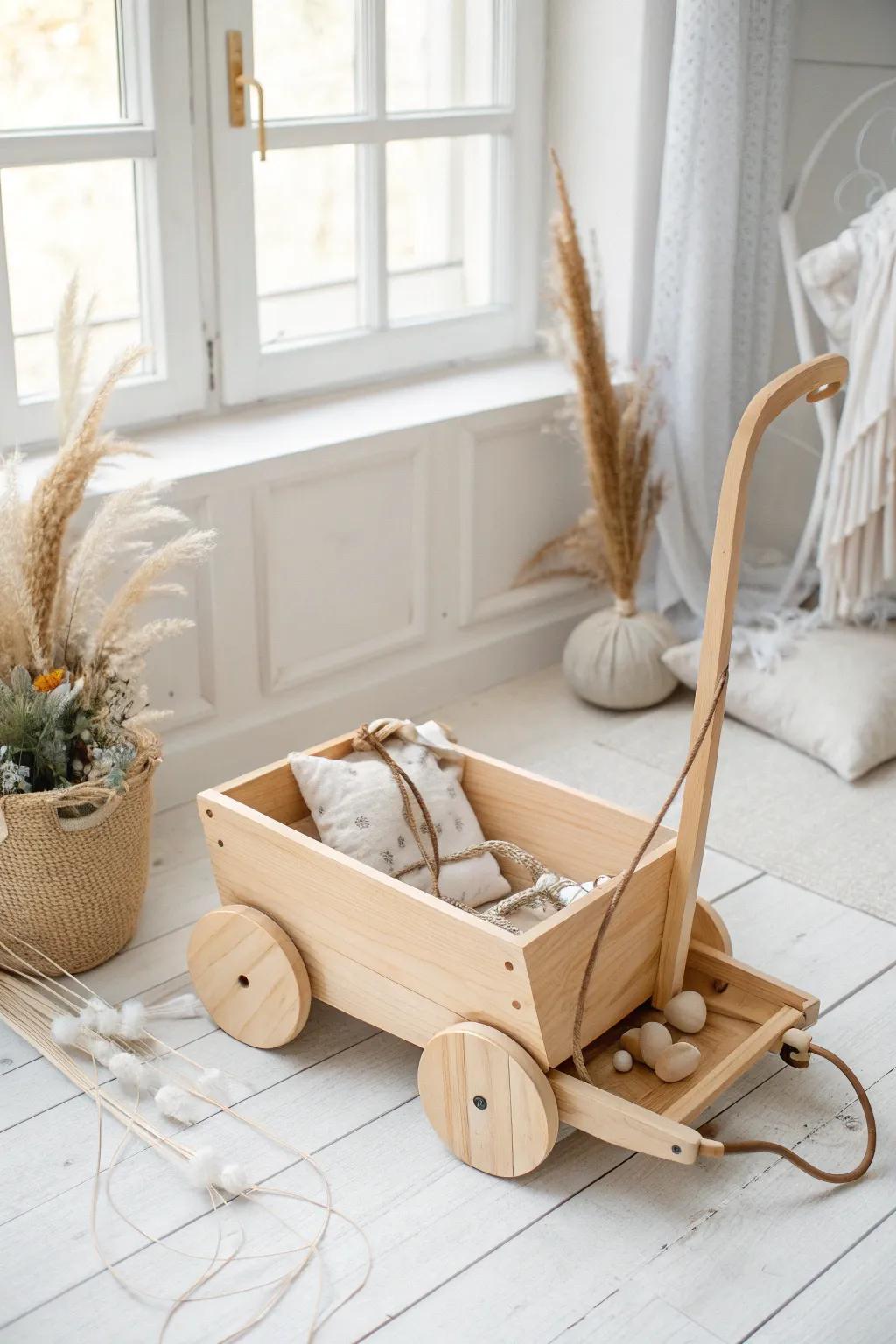 Scandi oak ring bearer wagon with a low gate, cozy padding, and a discreet leash tie point.