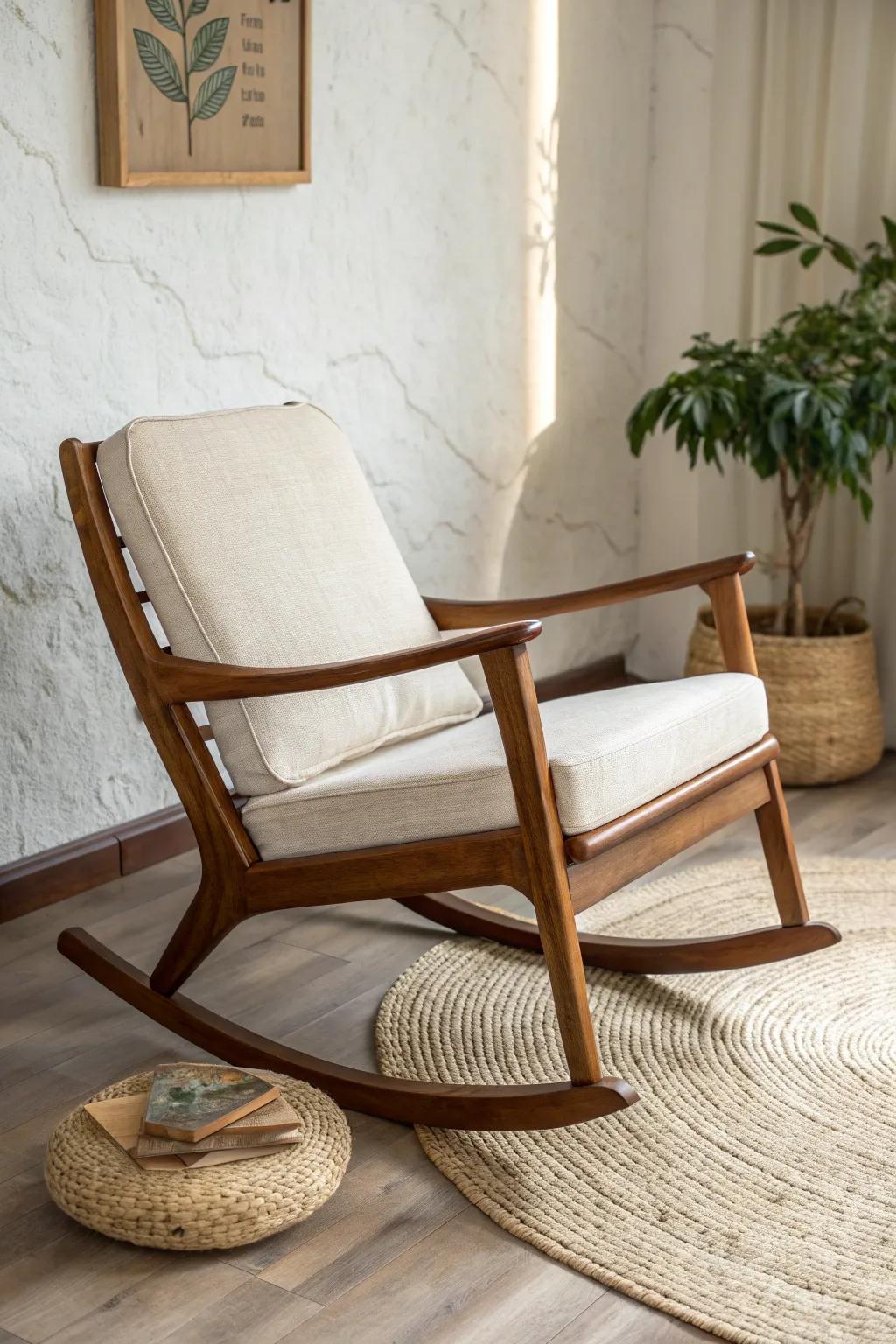 Warm walnut rocking chair with clean mid-century curves—simple, cozy, and beautifully crafted.