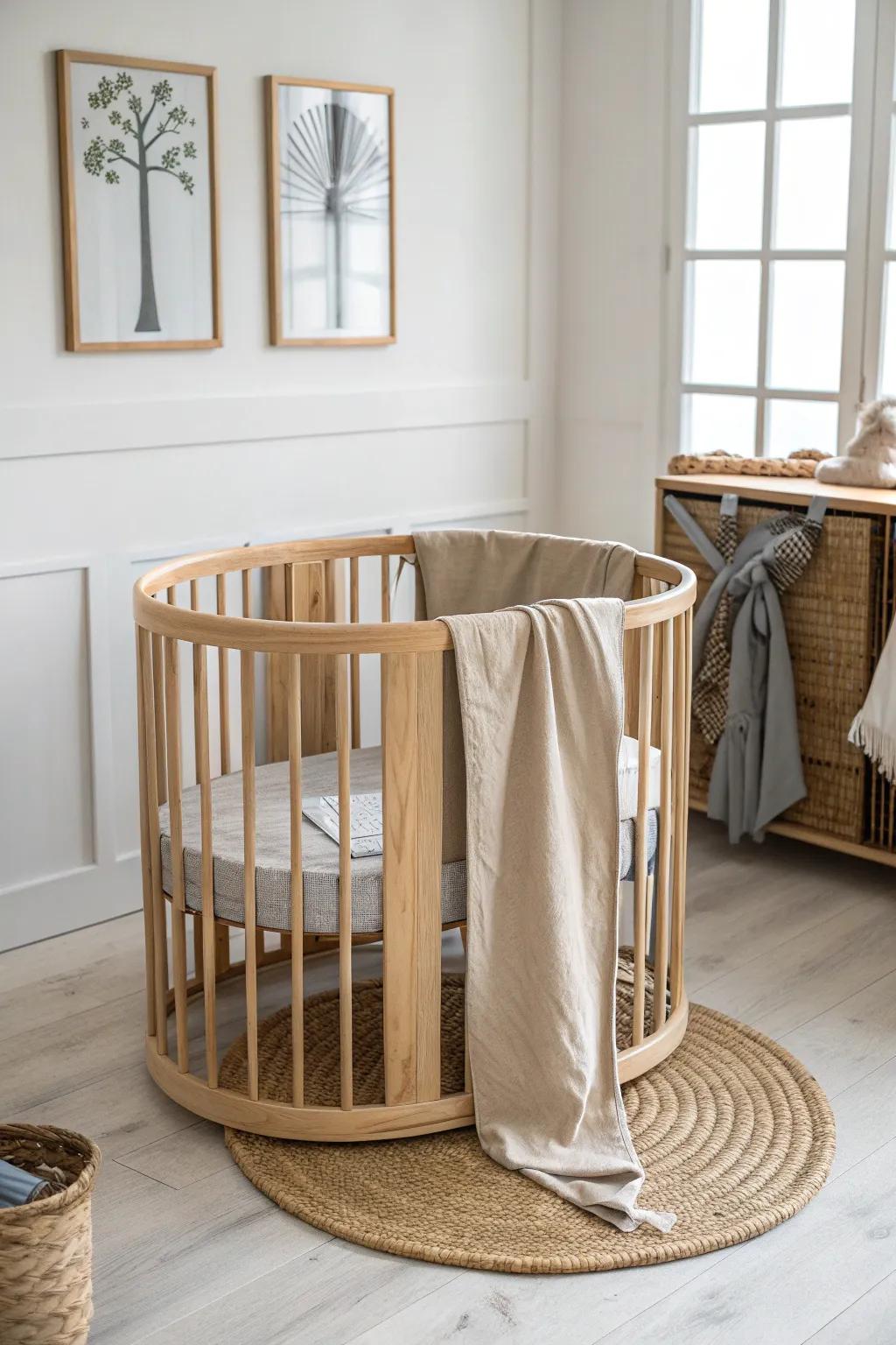 Soft greige + natural oak make this round crib feel calm, modern, and beautifully neutral.