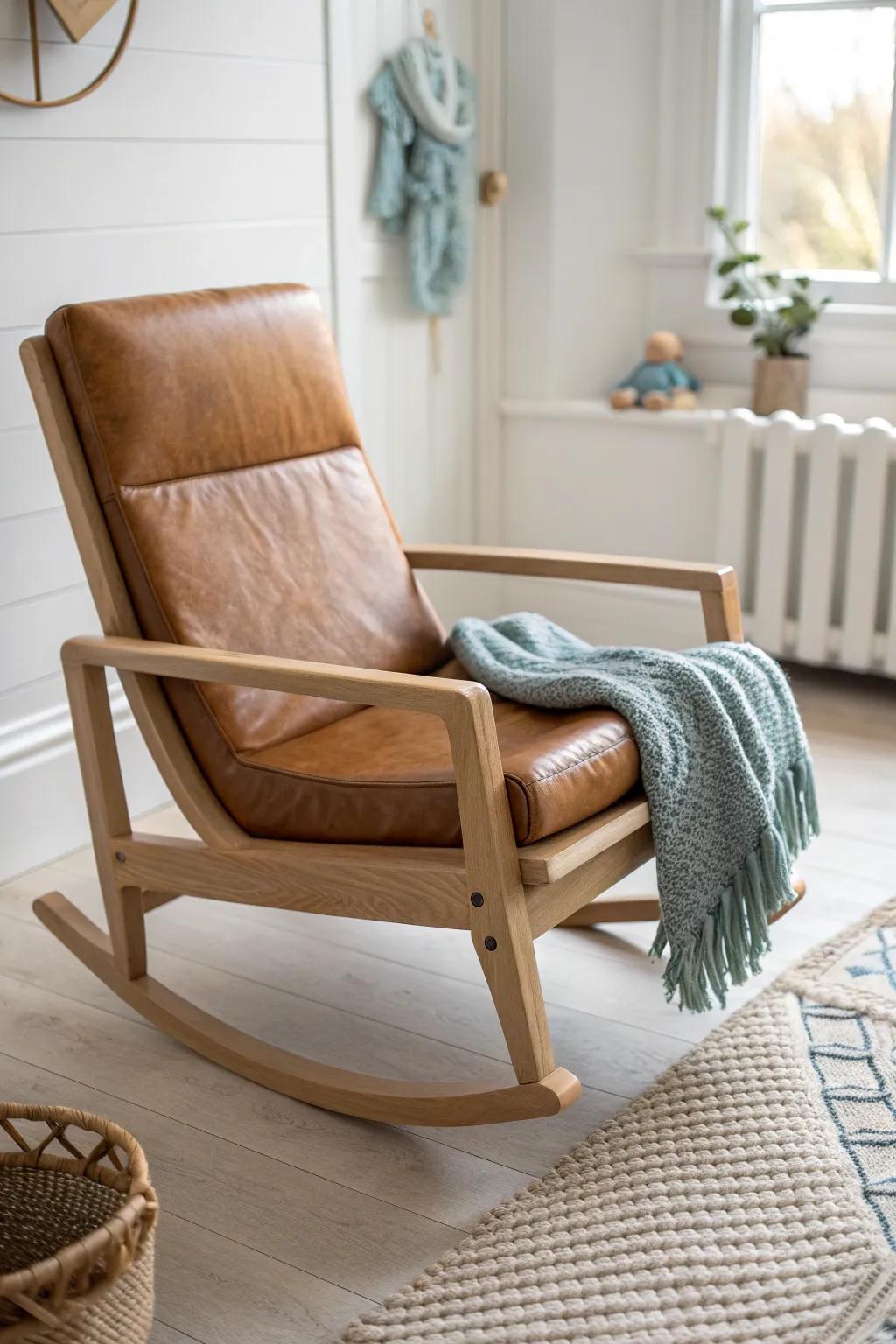 Cognac leather-look on a handmade oak rocker brings warm, rustic charm to a baby boy nursery.