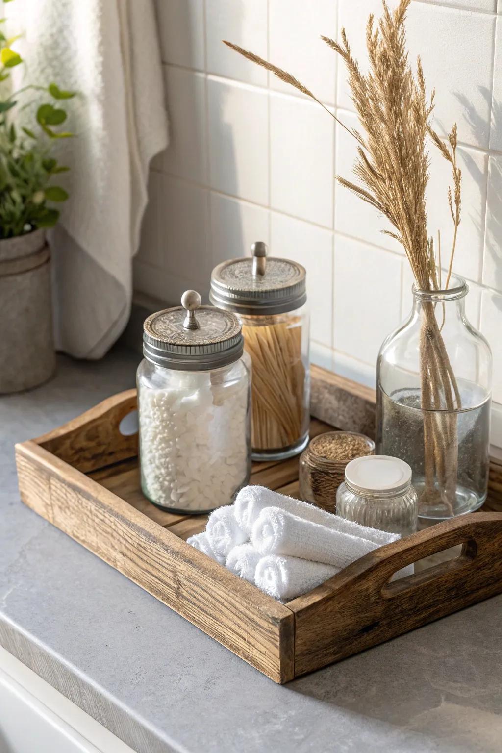 Rustic glass jar organizers on a wood tray—simple, cozy bathroom storage with charm.