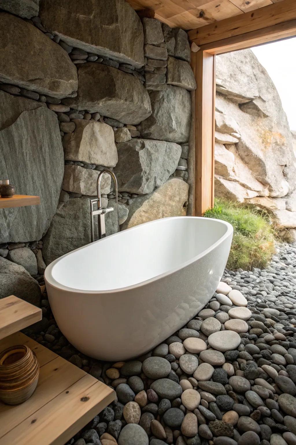 River-rock grotto surround + a hint of oak—your tub feels like a quiet natural spring.