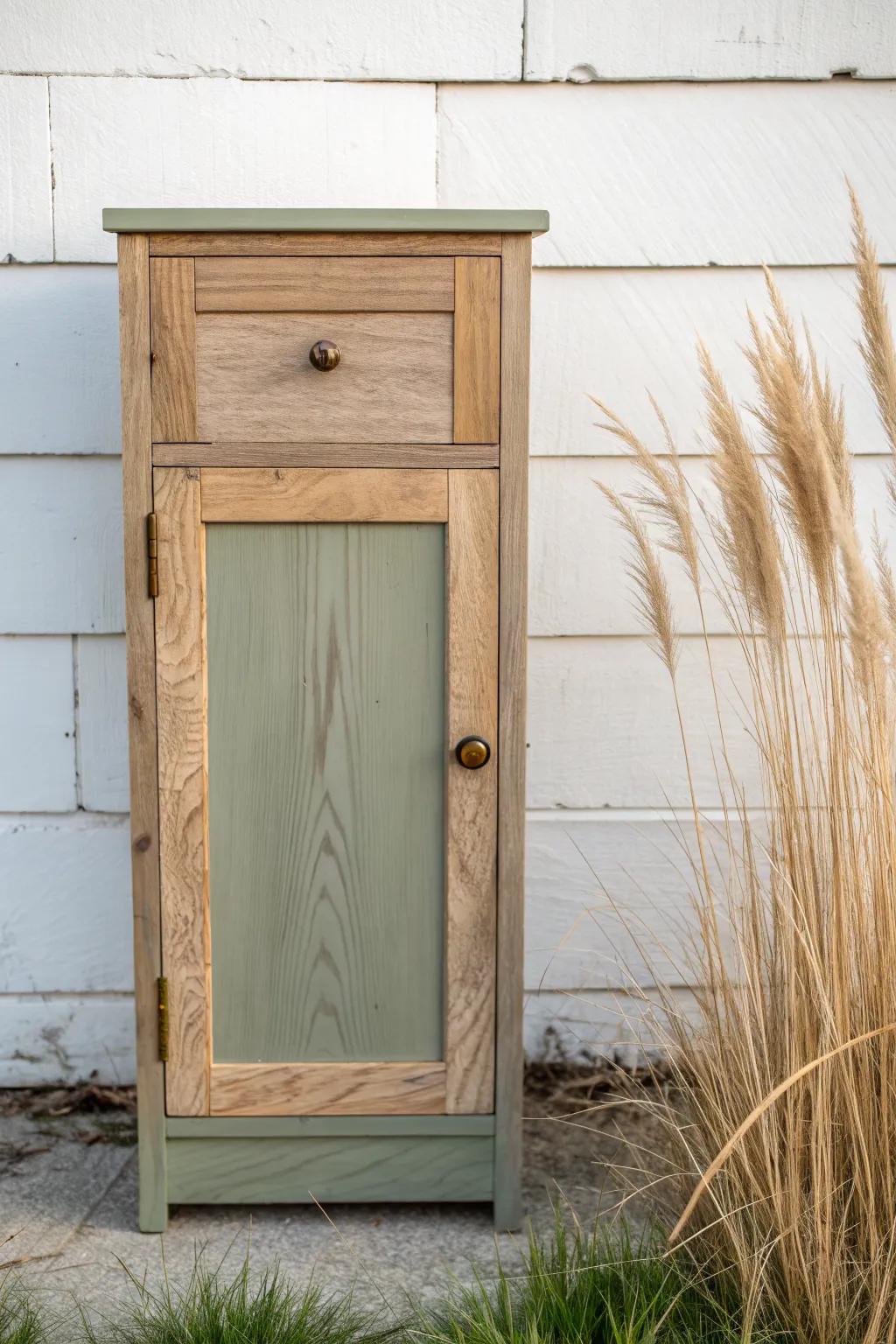 Two-tone cabinet door: natural oak below, soft sage paint above—easy modern farmhouse charm.