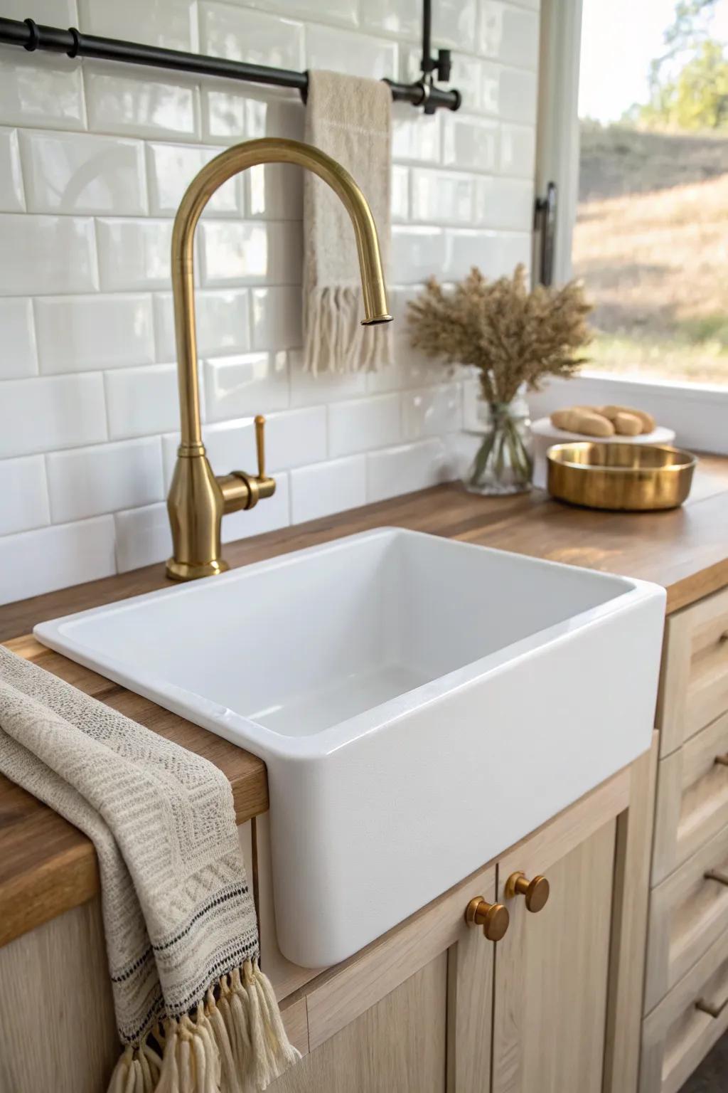 A compact camper gets farmhouse charm with a deep apron sink and tall brass faucet.