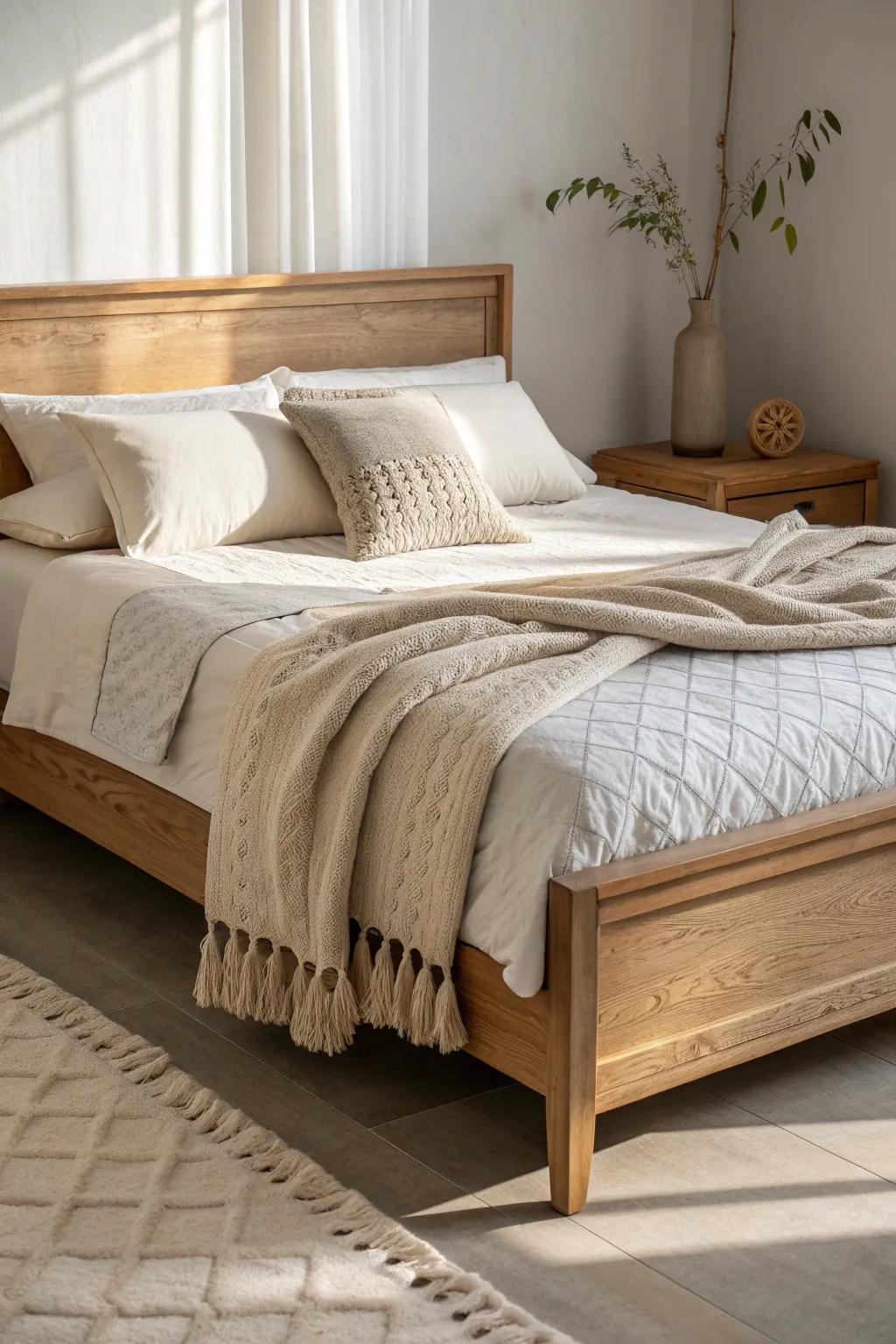 Layered quilts and a chunky knit throw for an instant cozy, rustic-country exhale.