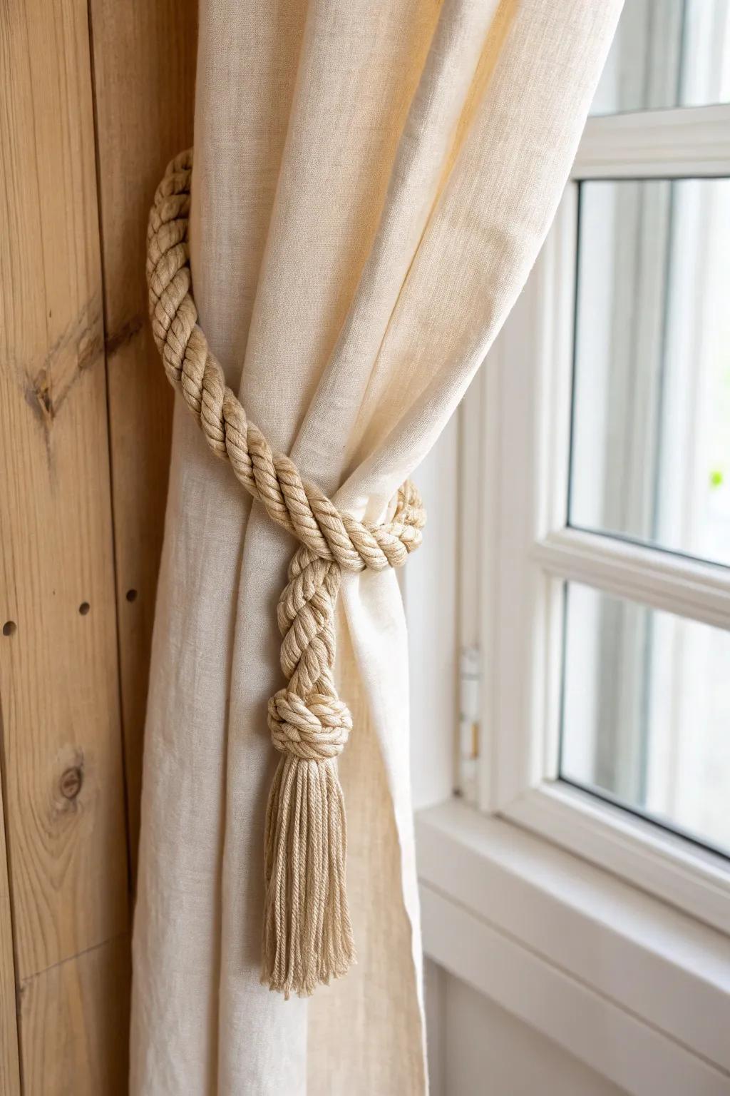 Soft linen and jute braid tie-back—an earthy, upcycled detail for rustic curtains.