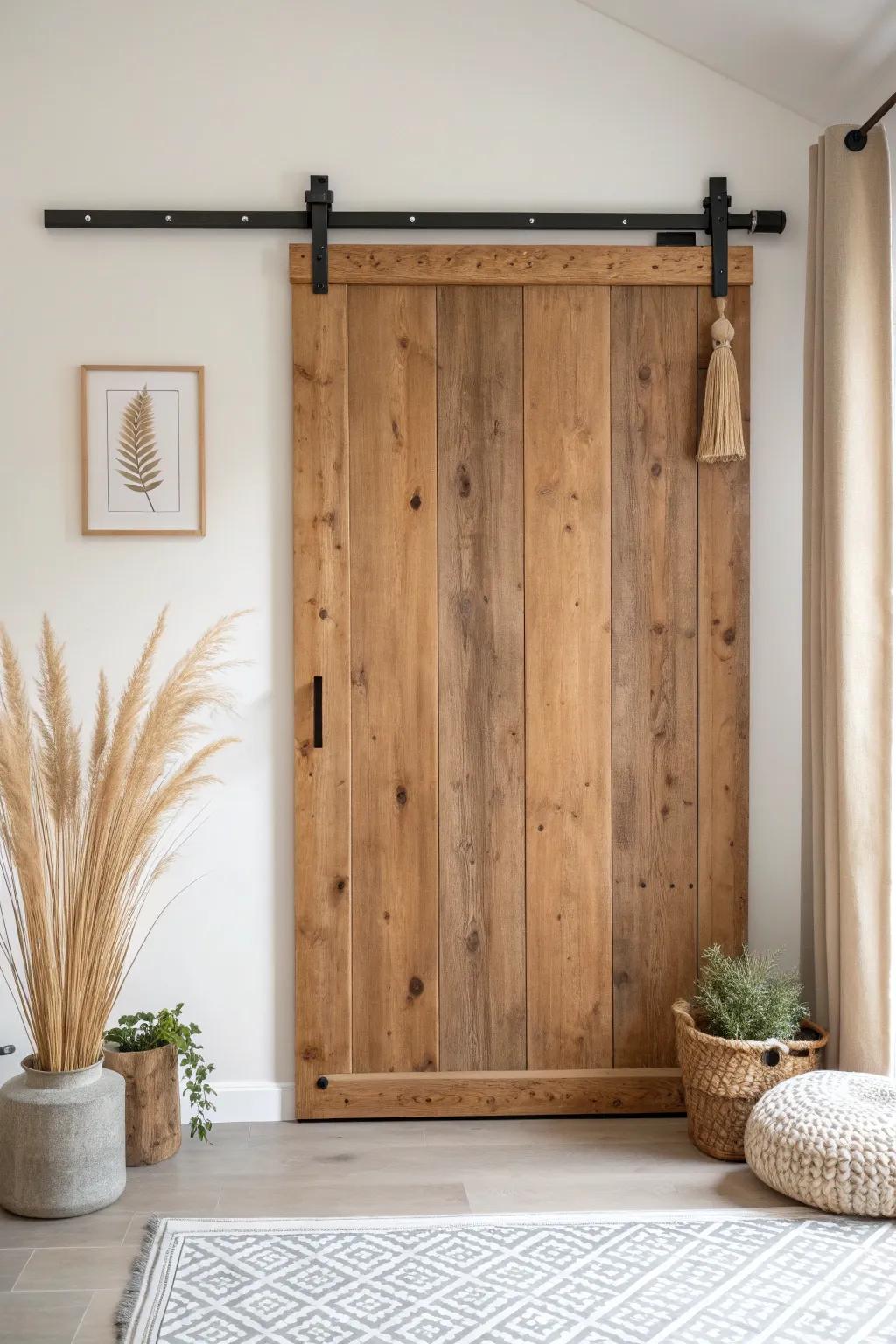 Rustic sliding barn door entry—space-saving style with weathered wood and simple black hardware.