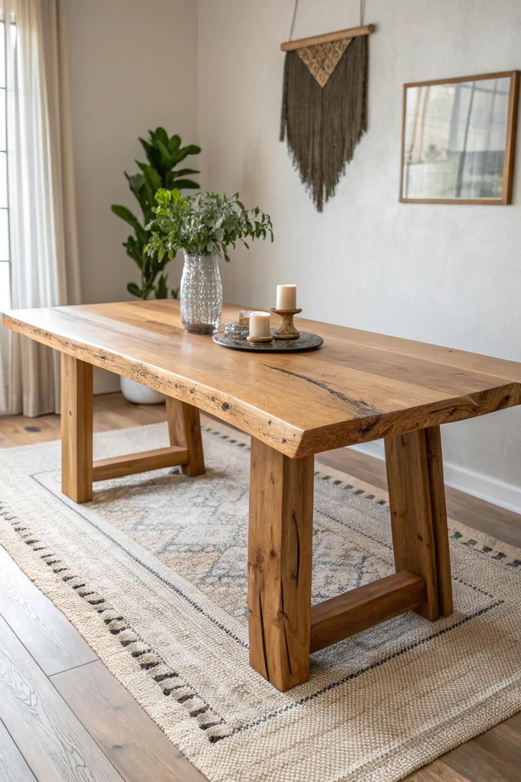 Cabin-style dining table with smooth log legs and a rugged top—rustic warmth, minimal clutter.