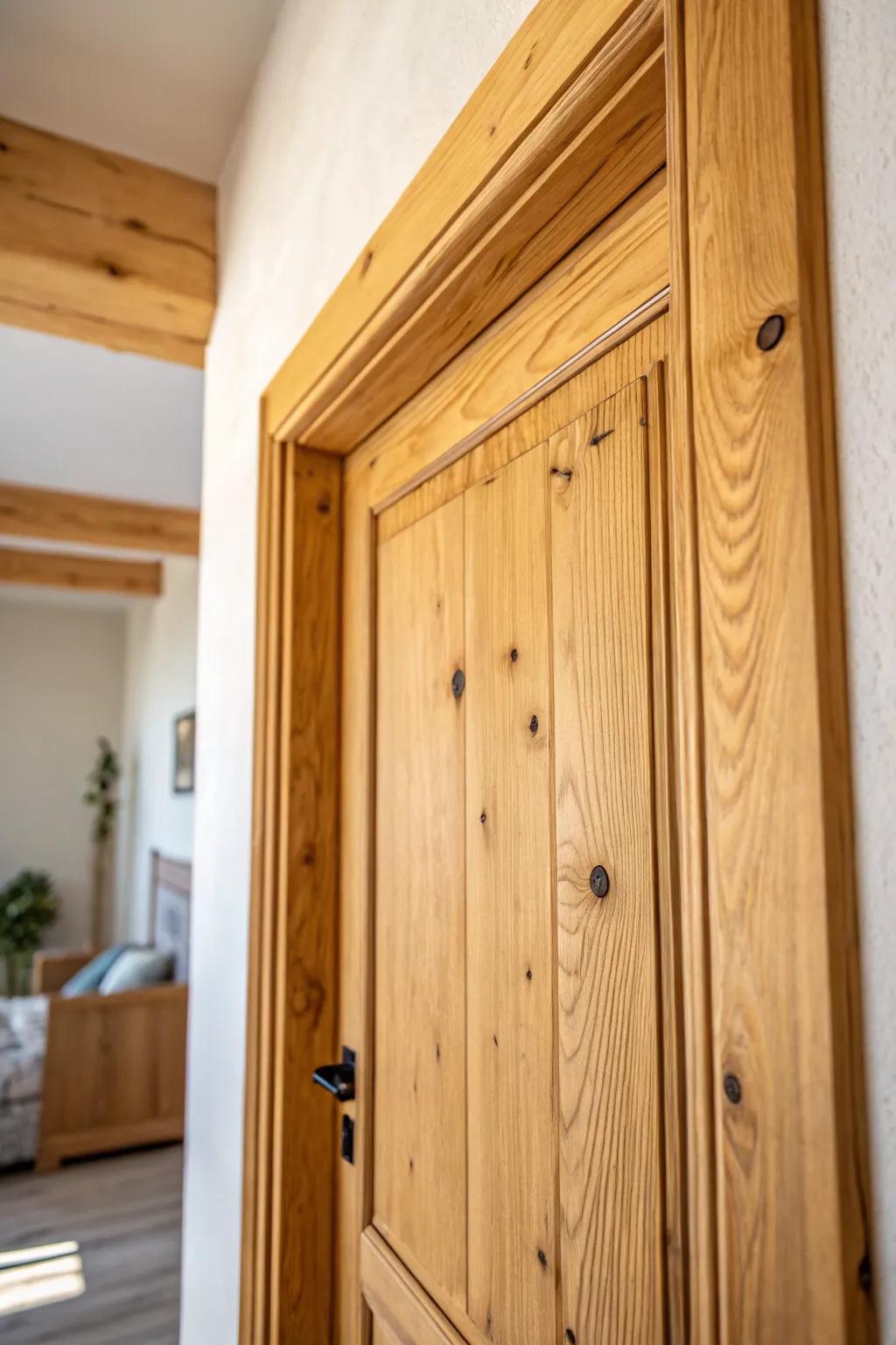 Knotty pine trim adds instant cabin warmth—natural knots, golden tones, and cozy contrast.