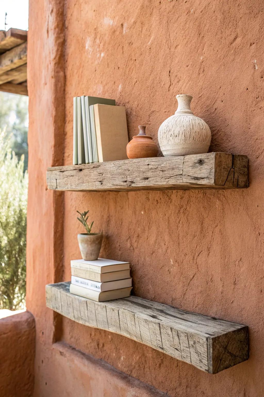 Salvaged wood floating shelves bring earthy warmth and handcrafted texture to a calm living room.