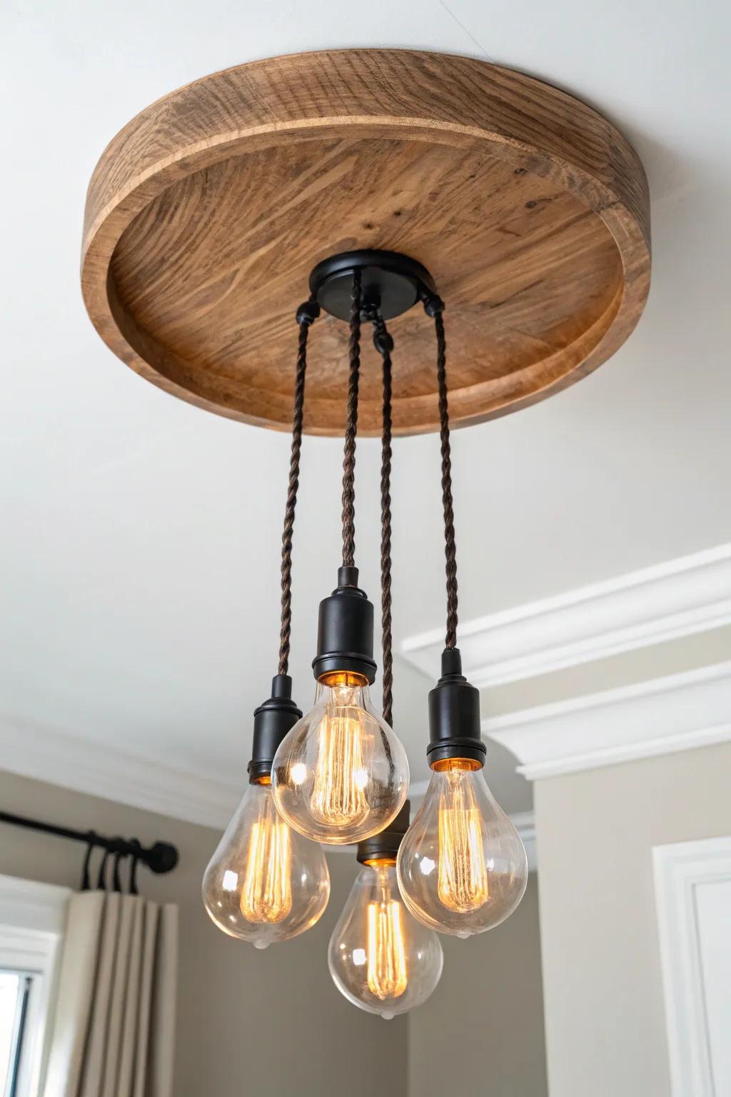 Warm Edison bulb cluster under a simple wood disk—rustic, minimal, and softly golden.