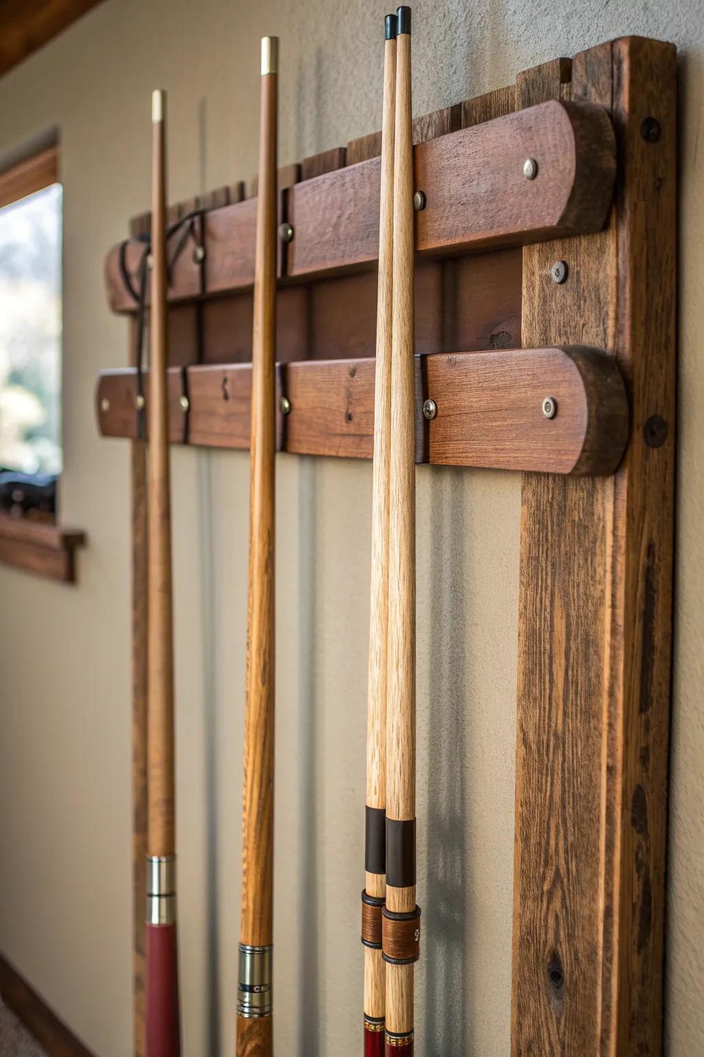 Rustic wall-mounted cue rack with leather straps—simple, handmade storage that elevates game rooms.