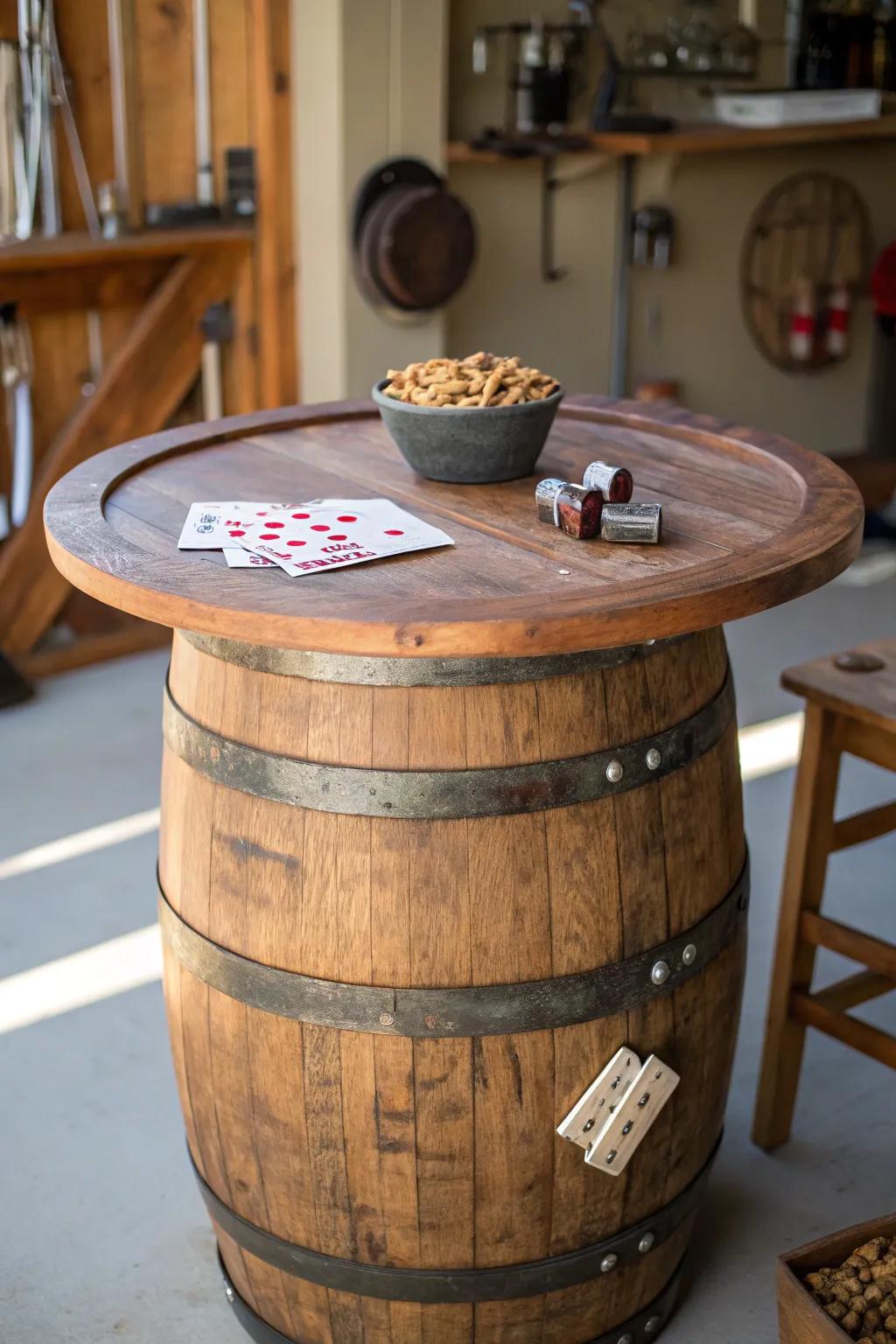 A whiskey-barrel high-top station—instant rustic charm for snacks, cards, and cocktails.