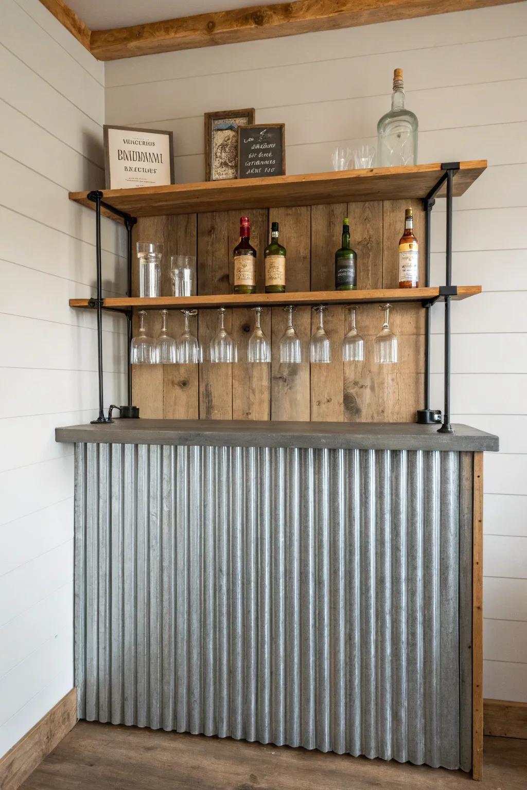 Rustic bar wall idea: tin wainscoting below, warm wood shelves above for bottles and glassware.