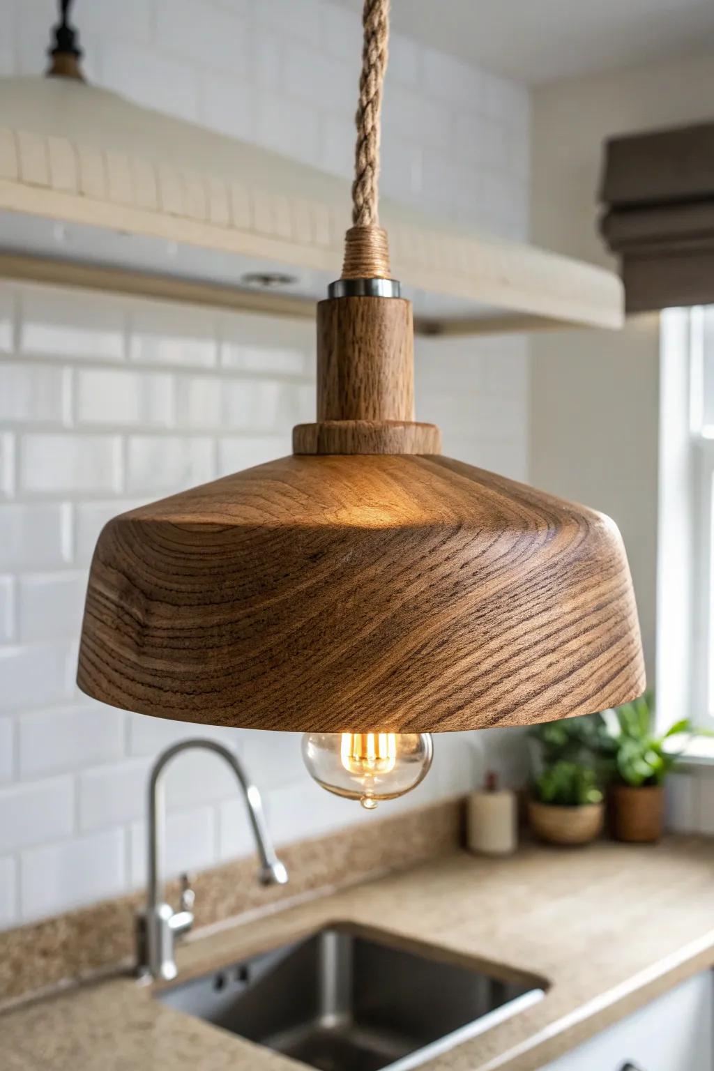 A rustic pendant above the sink adds a daily dose of soft warmth and handmade charm.
