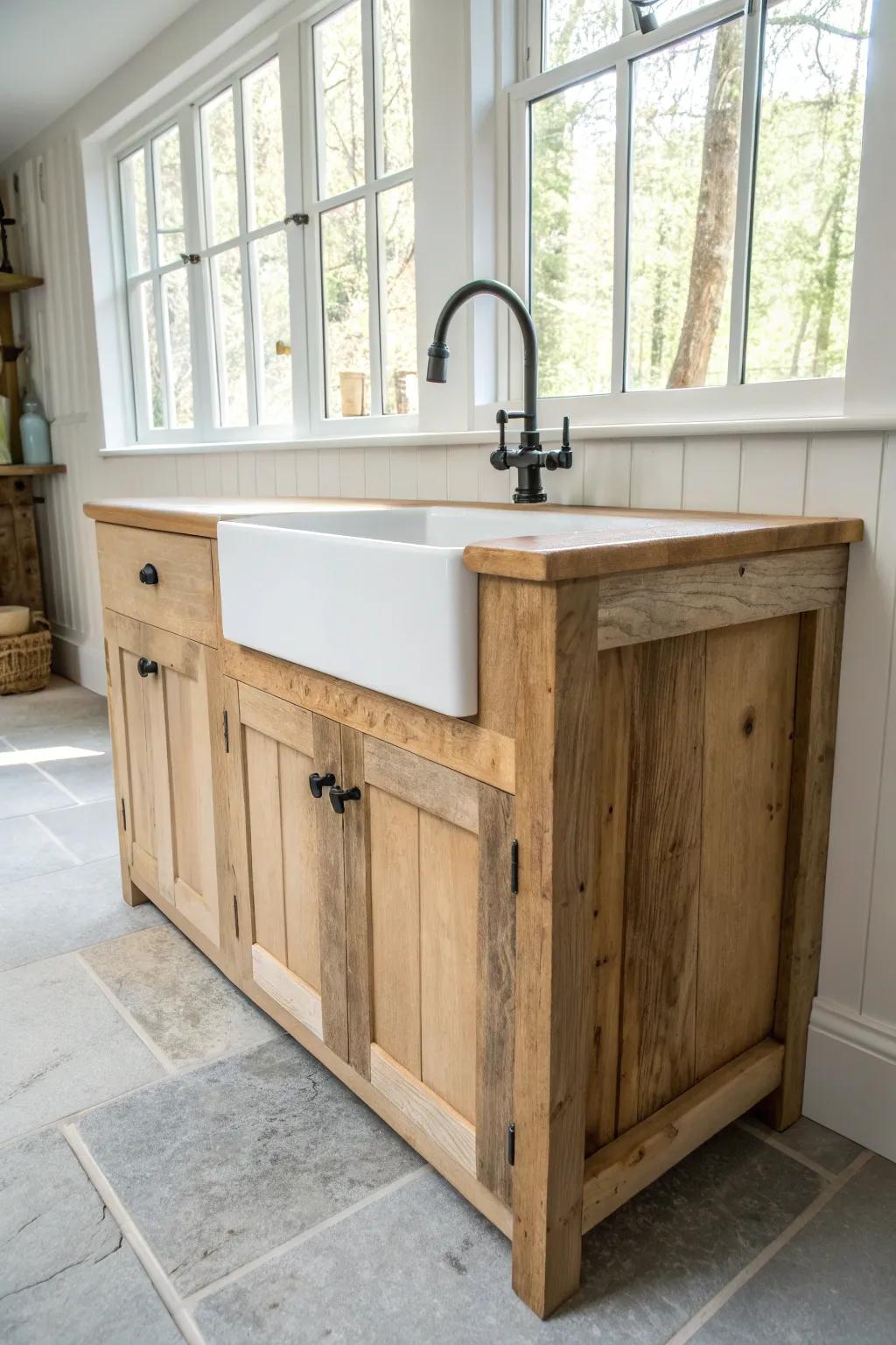 Reclaimed wood sink base with bold grain and knots—rustic character in a clean Nordic kitchen.