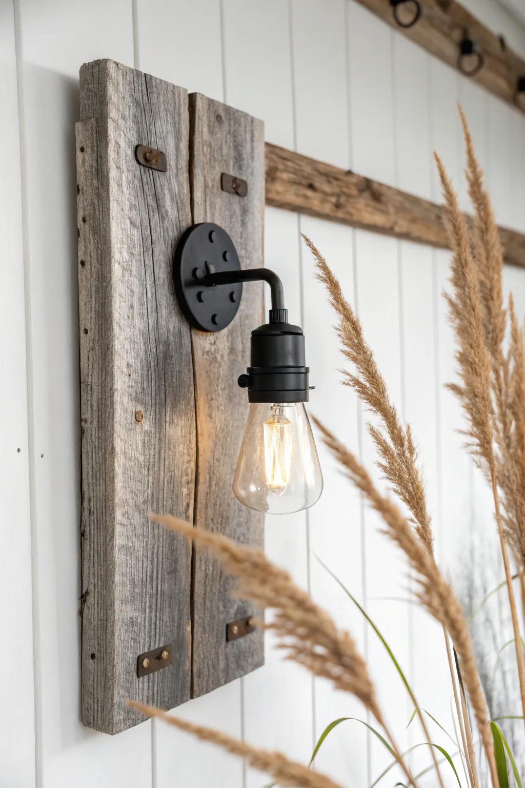Barnwood backplate sconces add warm rustic charm and neatly hide old wall patches.