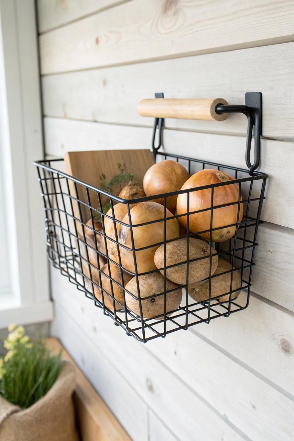 Wall-mounted wire bin keeps onions and potatoes airy, visible, and beautifully rustic.
