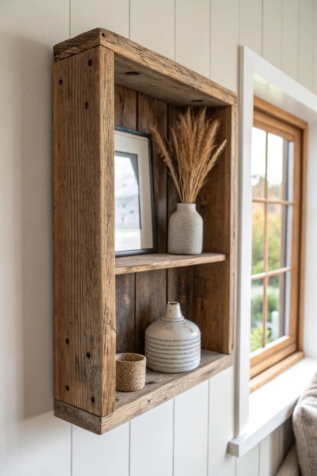 A reclaimed-wood shadow box niche that turns simple styling into a rustic retail moment.