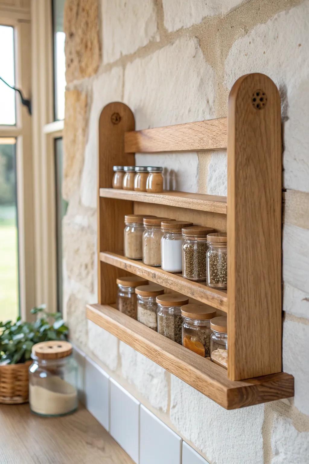 Rustic spice rack with a sleek wood dowel stop—minimal, sturdy, and beautifully handmade.