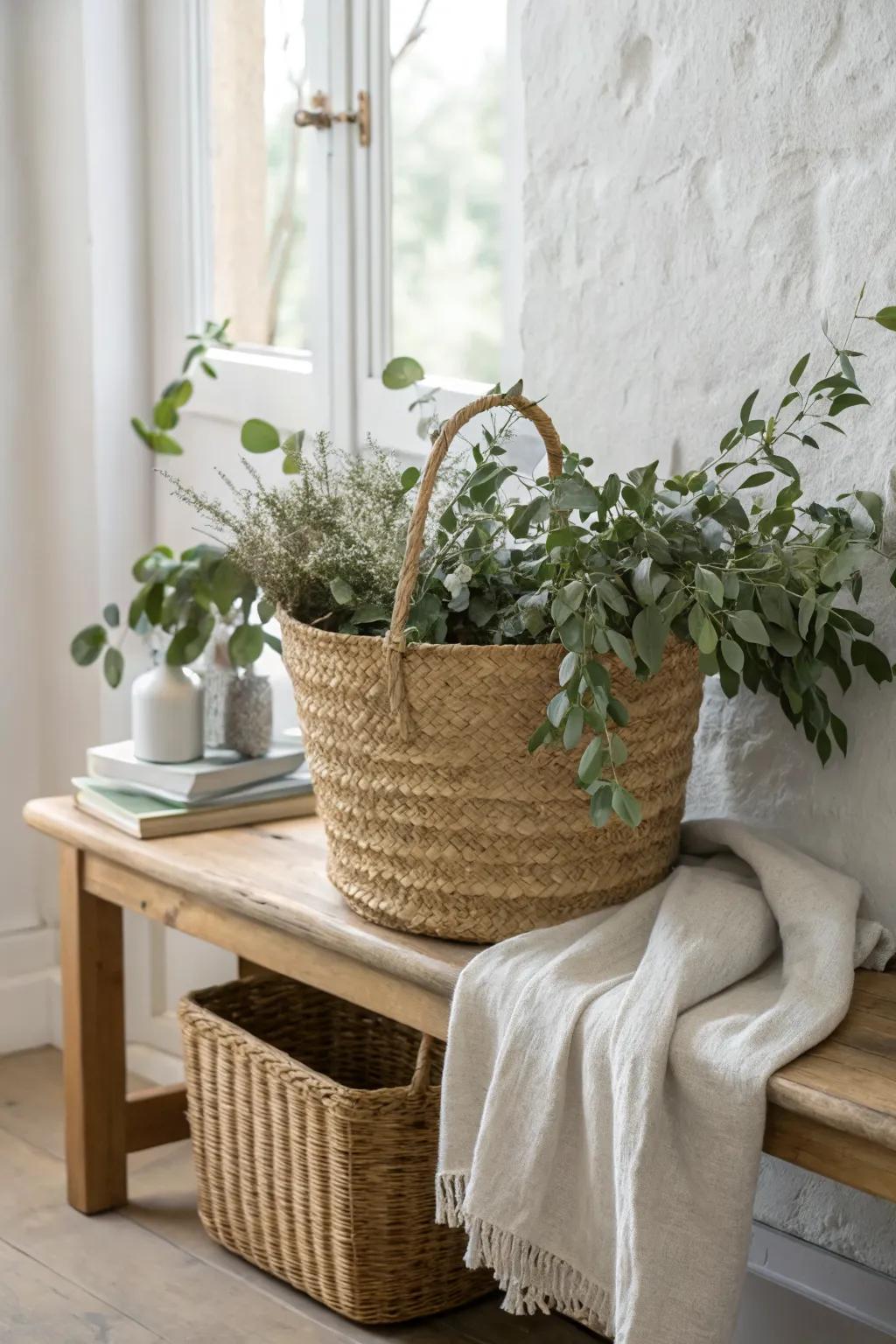 A single wicker basket of spring greens and linen makes your entryway feel instantly fresh.