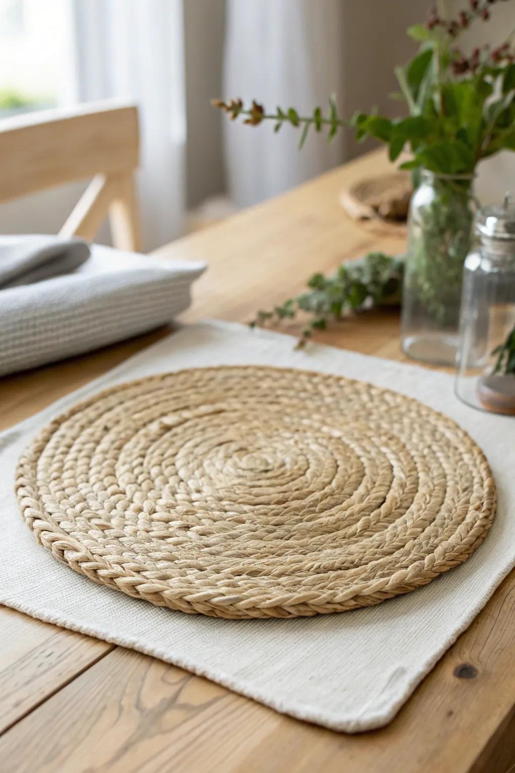 Handwoven placemat texture that instantly warms a rustic tablescape—simple, cozy, and minimal.