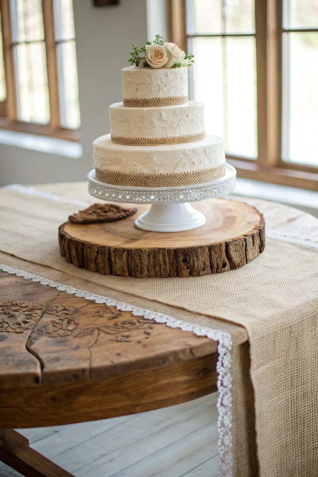 Rustic cake table styling: burlap runner topped with lace for an instant wedding-ready look.