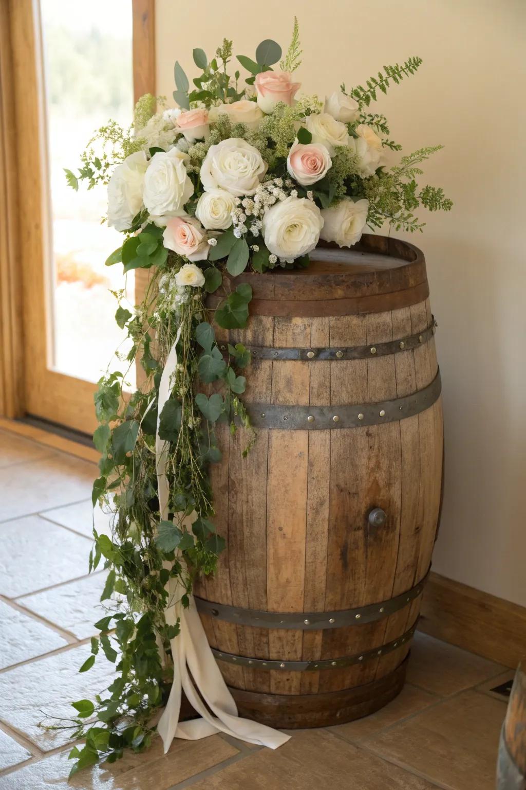 Rustic wine barrel floral pedestal with cascading vines—simple, romantic, and handcrafted.
