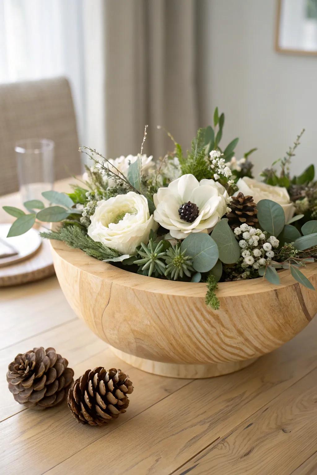 White winter florals and pinecones in a handcrafted wood bowl—rustic, minimal, and warm.