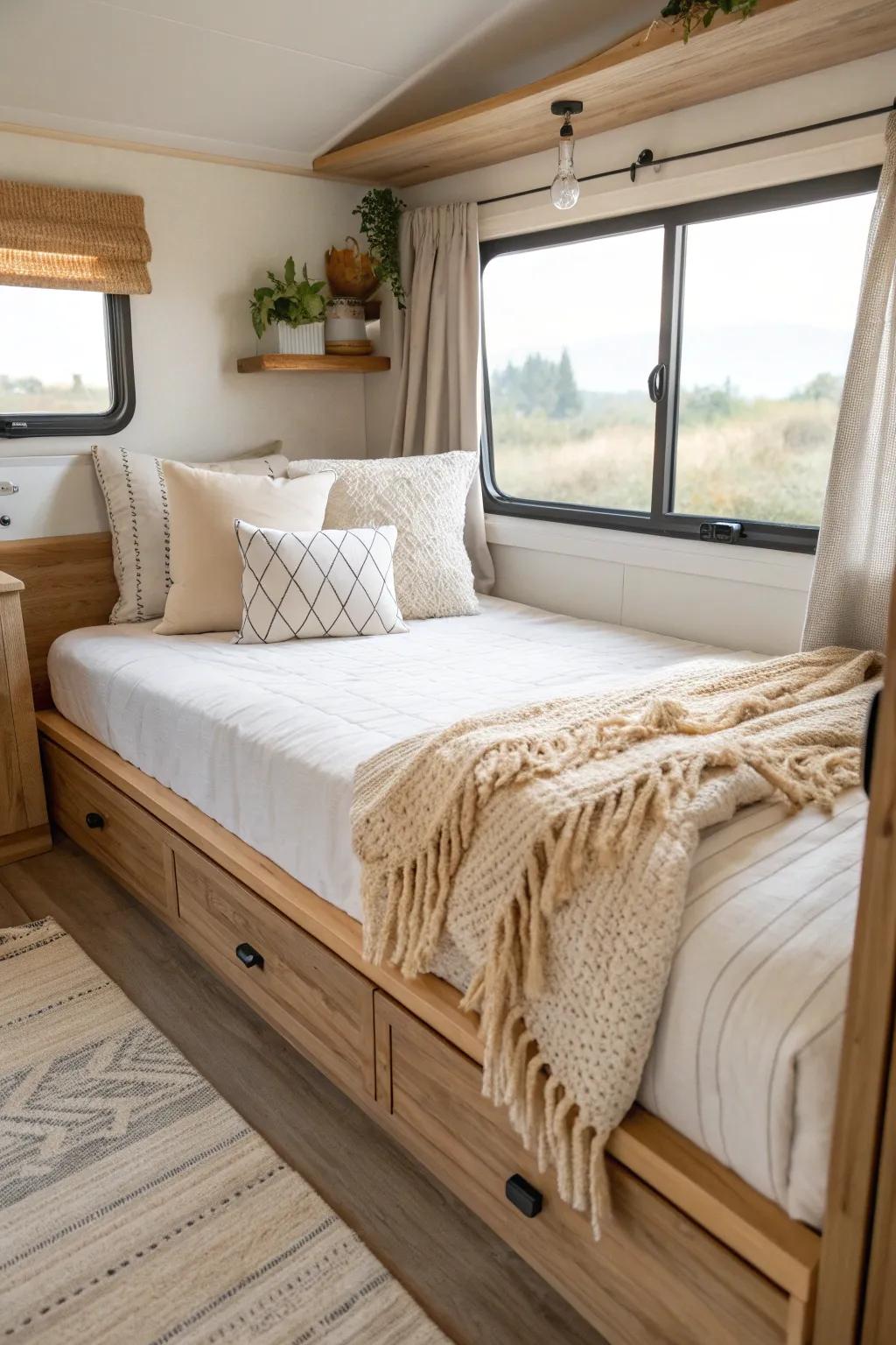 Cozy corner RV bed nook: a daybed-style setup with a handmade wood rail to keep pillows in place.