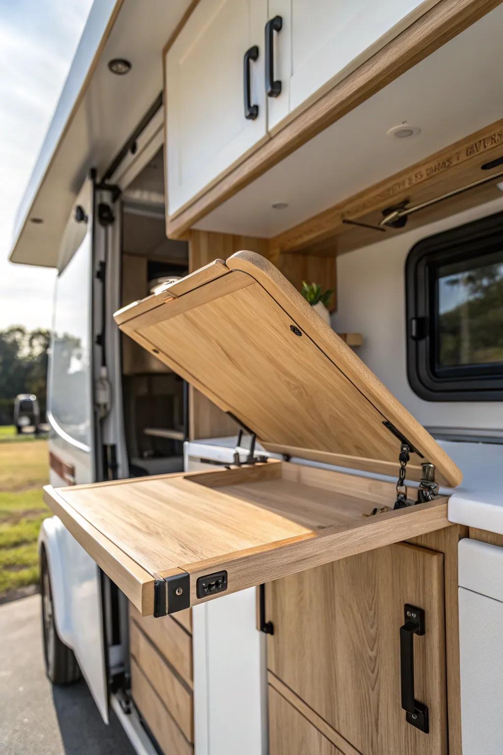 Flip-up countertop extension: a handcrafted space-saver that blends seamlessly into your RV kitchen.