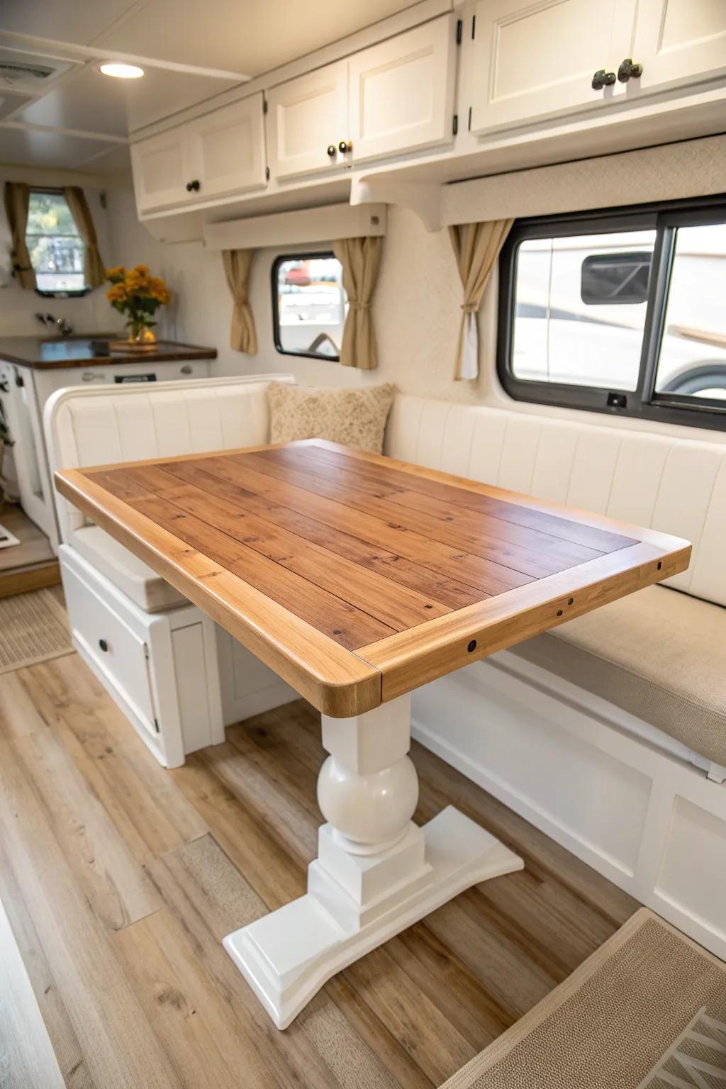 Two-tone farmhouse RV table: natural wood top + painted base for a warm, crisp look.