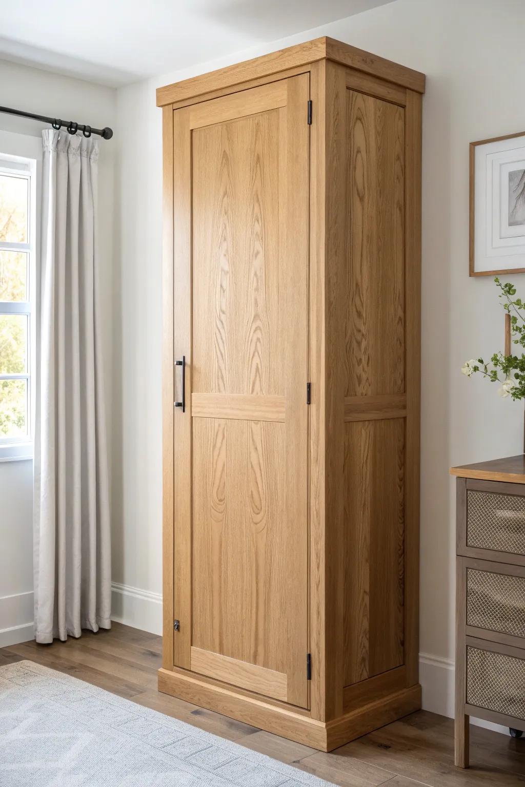 A pantry cabinet that hides a safe room door—seamless shaker lines and warm oak simplicity.