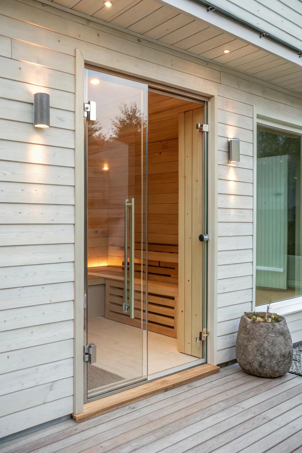 A frameless glass door adds instant modern calm—clean lines, warm glow, pure sauna luxury.