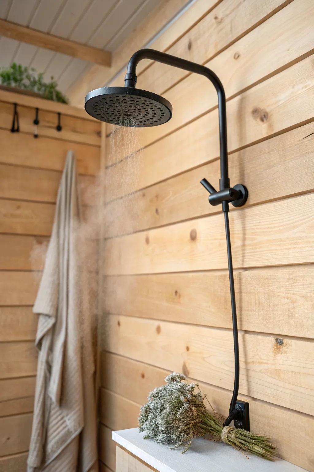 Matte black shower hardware against pale sauna wood for a crisp modern farmhouse combo.