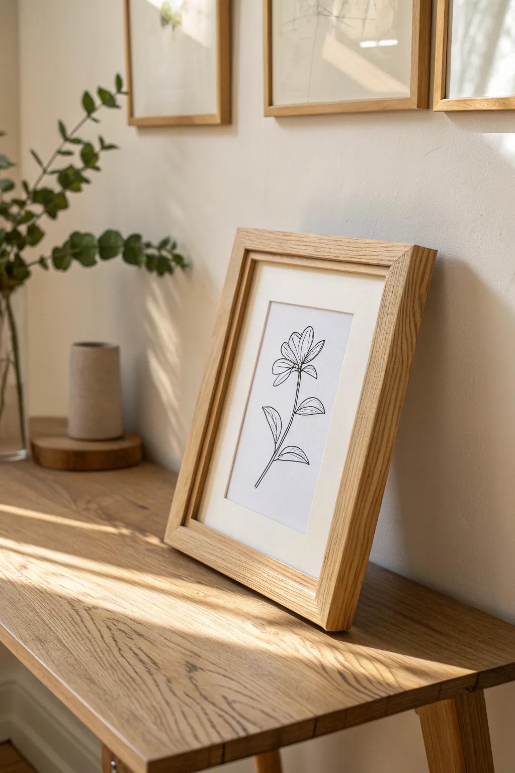 Minimal line art in a slim maple frame—warm wood grain, clean contrast, Scandinavian calm.
