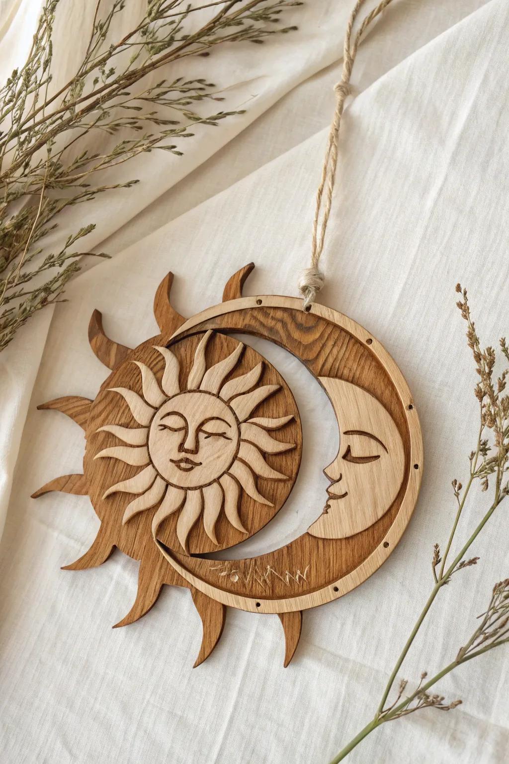 Scroll-sawn sun & moon hanging in clear-finished wood—minimal, boho, and beautifully crafted.