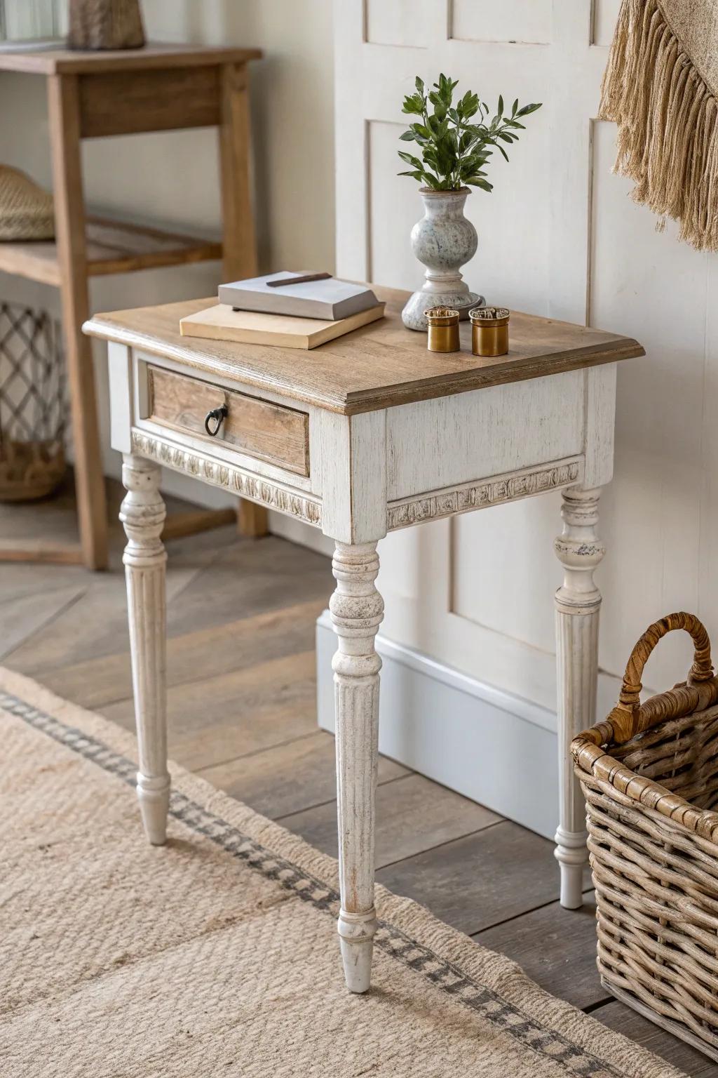A shabby chic turned-leg table—chalky base, worn wood top, perfect for keys and mail.