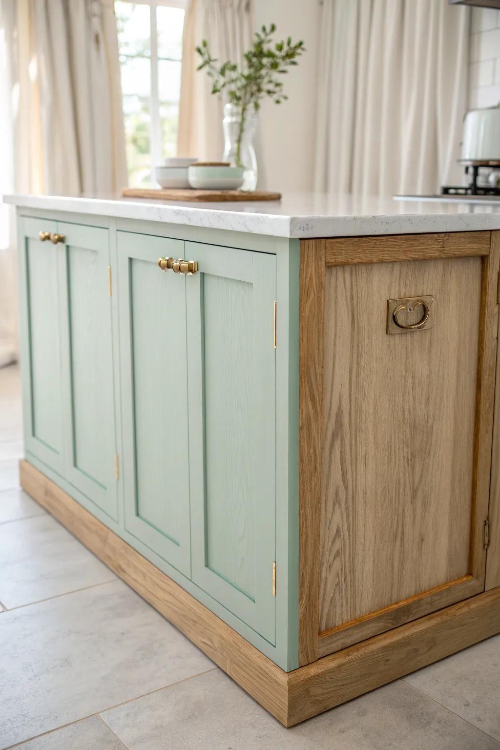 Soft mint lower cabinet with creamy uppers—shabby chic pastel accents with Scandinavian calm.