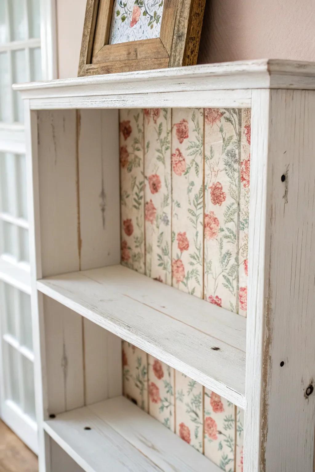 A framed floral wallpaper strip turns a whitewashed wood shelf into shabby chic office charm.